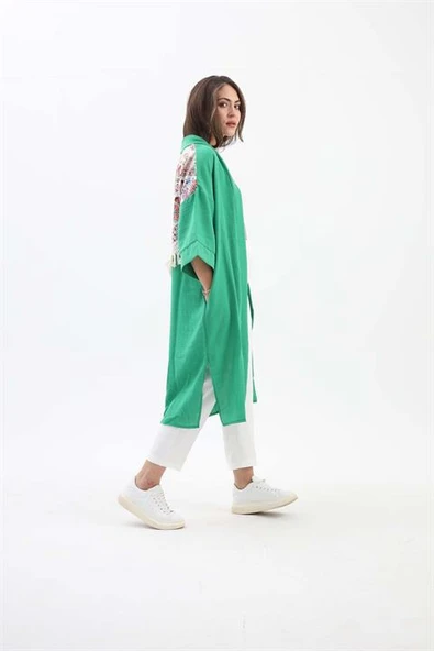 Arkası Baskılı Püsküllü Kimono - Yeşil - Resim 3