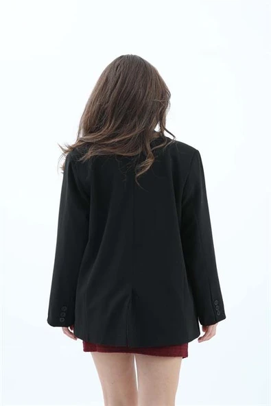 Kadın Kruvaze Yaka Oversize Blazer Ceket - Siyah - Resim 7