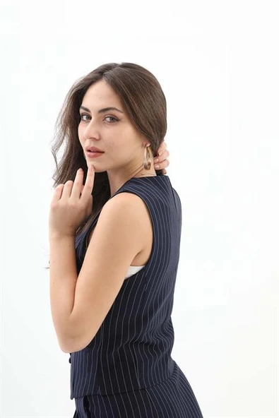 Cep Detaylı Çizgili Yelek - Lacivert - Resim 5