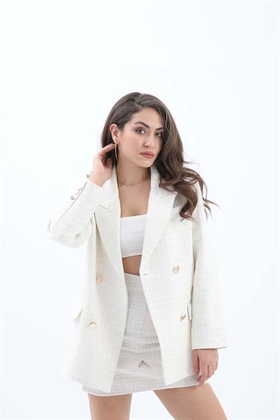 Kare Desen Kruvaze Yaka Ceket - Ekru ürün görseli 1