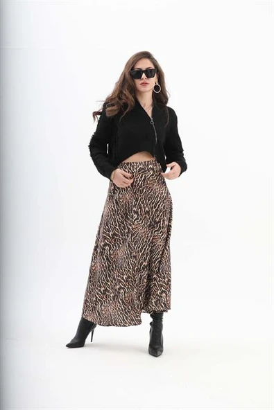 Leopar Desenli Parçalı Saten Etek - Siyah - Resim 2