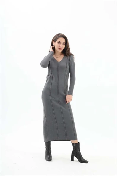 V Yaka Pis Dikişli Triko Elbise - Antrasit - Resim 3