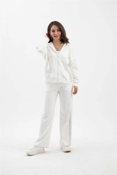 Örme Aksesuar Detaylı Kapşonlu Üç İplik Takım - Ekru ürün görseli 1