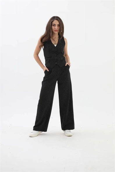 Yüksek Bel Çizgili Palazzo Pantolon - Siyah - Resim 4