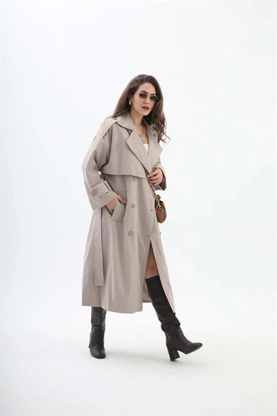 Beli Kuşaklı Allerli  Apoletli Trençkot - Taş - Resim 2