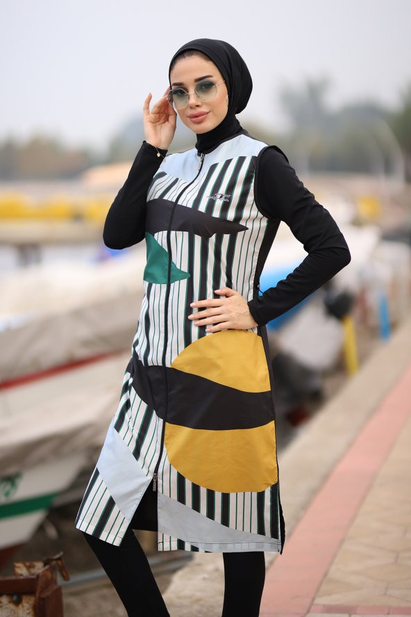 Haşema Siyah Desenli Tam Tesettür Mayo Selin