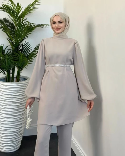 24Y4263 TAKIM TUNİK PANTOLON BALON KOL BELİ İNCİ KEMERLİ - 5
