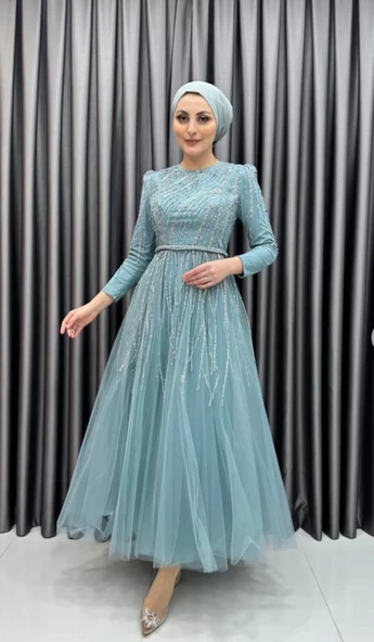 24Y4581 HENNİN ABİYE ELBİSE TAŞ İŞLEMELİ TÜL KATLI