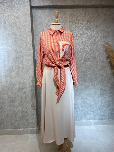 24Y14243 TAKIM ETEK BLUZ EKOSE DESENLİ ÖNÜ BAĞLAMALI