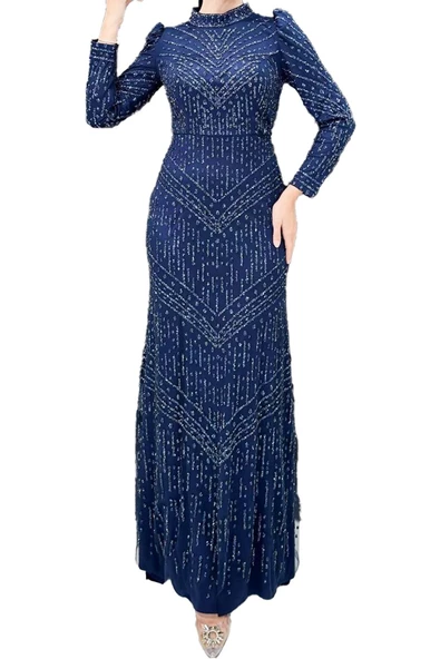 24Y4793 HENNİN ABİYE ELBİSE TAŞ İŞLEMELİ BALIK MODEL KUYRUKLU - 4