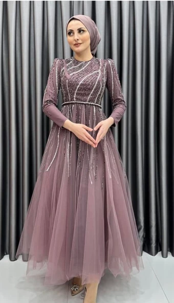 24Y4581 HENNİN ABİYE ELBİSE TAŞ İŞLEMELİ TÜL KATLI - 5