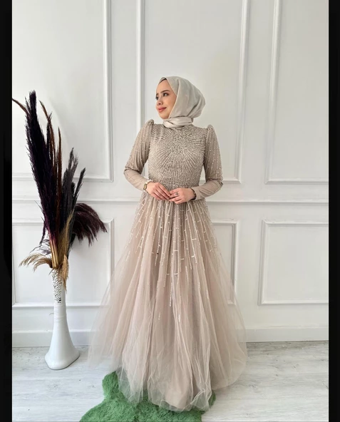 24Y4800 HENNİN ABİYE ELBİSE ÜSTÜ TAŞLI ETEĞİ TÜL