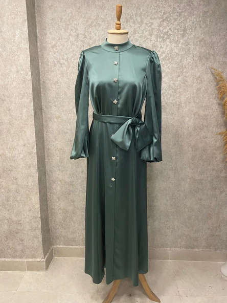 24Y4842 HENNİN ABİYE ELBİSE SATEN KEMER FİYONK DETAYLI ÖNÜ DÜĞME DETAY - 3