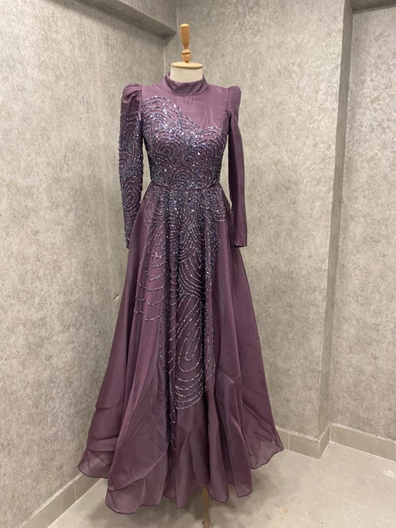 24Y4863 HENNİN ABİYE ELBİSE TEK TARAFI TAŞ İŞLEMELİ KABARIK ASTARLI - 3