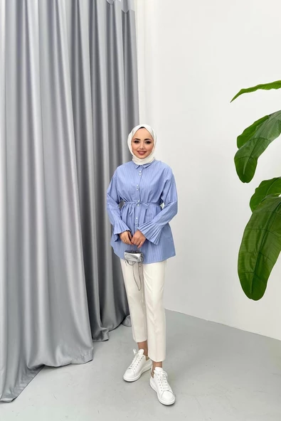 24Y4134 TUNİK KOL UCU PİLELİ BELİ BAĞCIKLI - 4