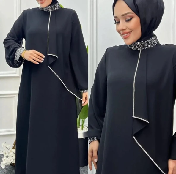 24Y4510 ELBİSE ABİYE YAKA KOL TAŞLI ÖNÜ PARÇA DETAY - 2