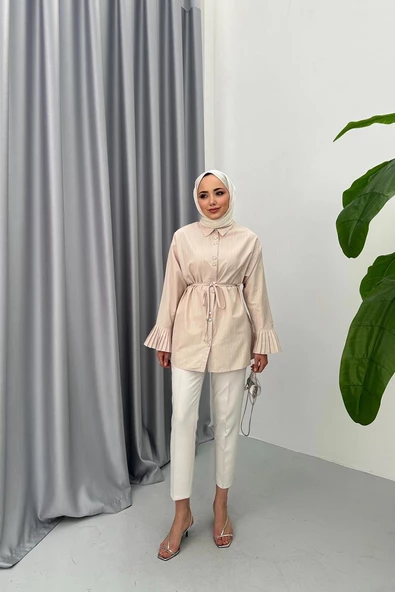 24Y4134 TUNİK KOL UCU PİLELİ BELİ BAĞCIKLI - 5