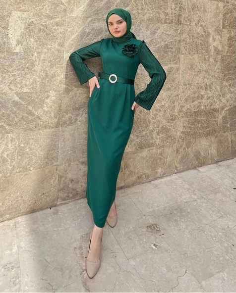 24Y9521 ELBİSE KOLLARI PİLİSELİ KEMER DETAY - 2