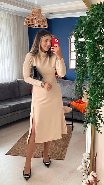 Kadın Uzun Kollu Balıkçı Yaka Derin Yırtmaç Detay Krep Elbise - 2