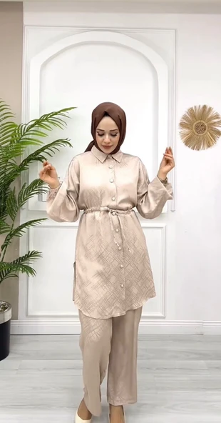 24Y8218 TAKIM TUNİK PANTOLON SATEN BEL BAĞCIK YAN YIRTMAÇLI