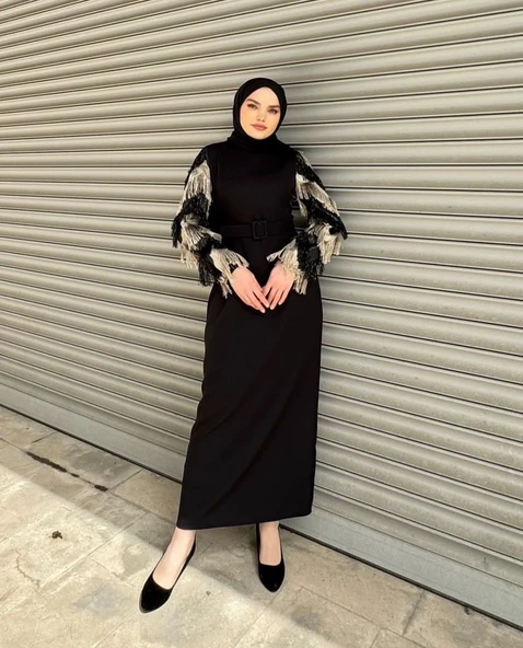 24Y9532 ELBİSE KOL PÜSKÜL DETAYLI KEMERLİ