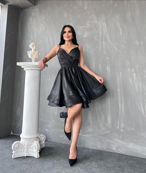 24Y1611 ELBİSE ABİYE MİNİ İNCE ASKILI SİMLİ KUMAŞ KLOŞ ETEK