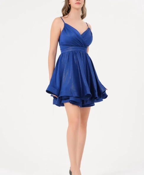 24Y1611 ELBİSE ABİYE MİNİ İNCE ASKILI SİMLİ KUMAŞ KLOŞ ETEK - Resim 5