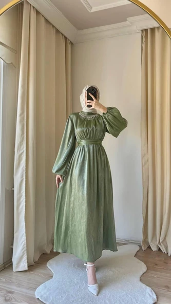 24Y3283 ELBİSE JAN JAN YAKA TAŞ DETAY BEL LASTİKLİ - 4