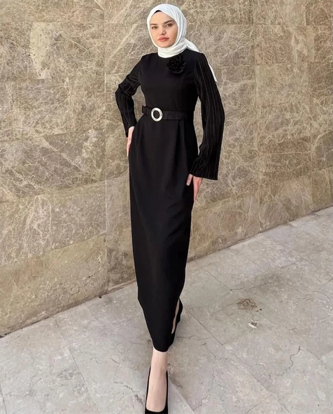 24Y9521 ELBİSE KOLLARI PİLİSELİ KEMER DETAY - 4