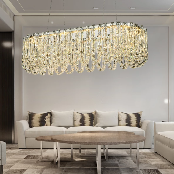 Apliqa Zora  Krom Sıralı 51 Watt Kristal Taşlı Modern Tasarım Yemeke Masası Üstü Salon  Led Avize