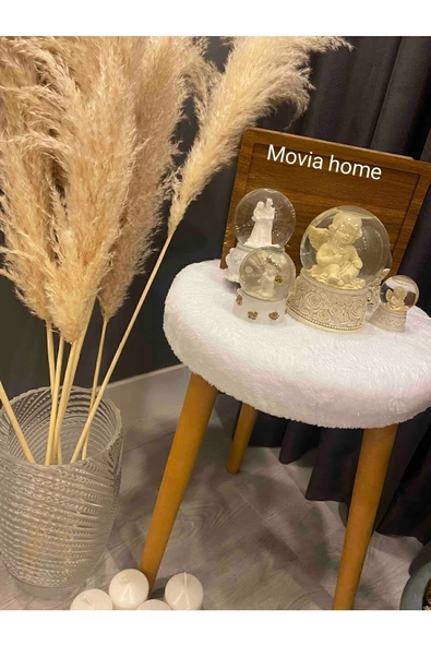 Barella Home Living Elissa Gürgen Ahşap Retro Ayak Dekoratif Beyaz Peluş Puf Tabure Bench Koltuk Sandalye - Resim 2