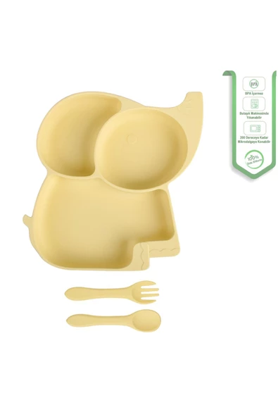 JOJOBEBEK Vakumlu Silikon Mama Tabağı, Altı Vakumlu Mama Tabak, Silikon Kaşık, Çatal / Sarı