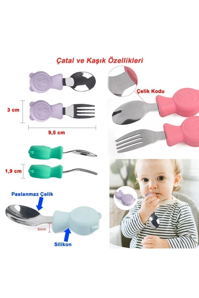 JOJOBEBEK Çocuk Silikon Saplı Paslanmaz Çelik Uçlu Çatal Ve Kaşık, Saklama Kutusu (LACİVERT) - 2