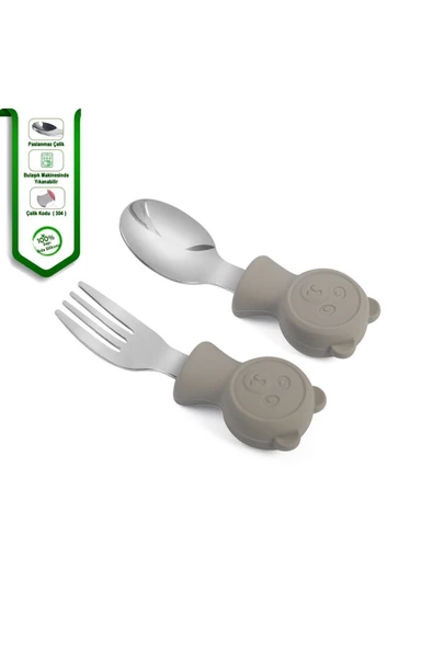 JOJOBEBEK Çocuk Silikon Saplı Paslanmaz Çelik Uçlu Çatal Ve Kaşık, Saklama Kutusu (GRİ) - 5
