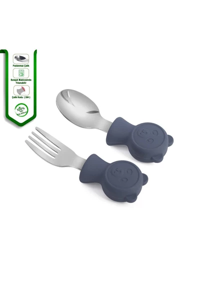 JOJOBEBEK Çocuk Silikon Saplı Paslanmaz Çelik Uçlu Çatal Ve Kaşık, Saklama Kutusu (LACİVERT) - 5