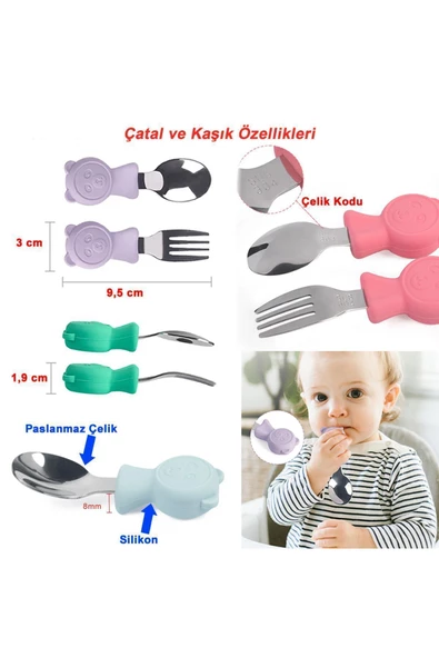 JOJOBEBEK Çocuk Silikon Saplı Paslanmaz Çelik Uçlu Çatal Ve Kaşık, Saklama Kutusu (SARI) - 2