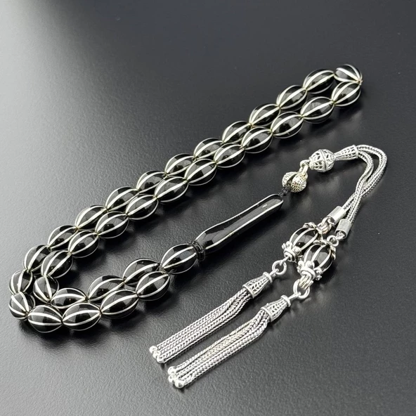 8'li Gümüş Yarmalı Erzurum Oltu Taşı Tesbih Hcz-Model DCVBG - Resim 3