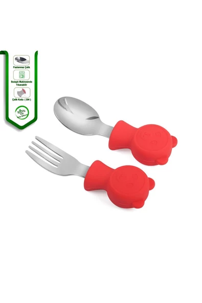 JOJOBEBEK Çocuk Silikon Saplı Paslanmaz Çelik Uçlu Çatal Ve Kaşık, Saklama Kutusu (KIRMIZI) - 5