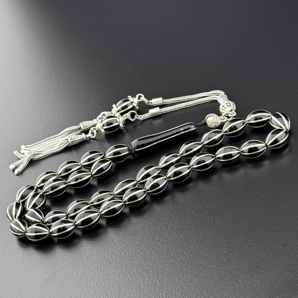 8'li Gümüş Yarmalı Erzurum Oltu Taşı Tesbih Hcz-Model DCVBG - Resim 2