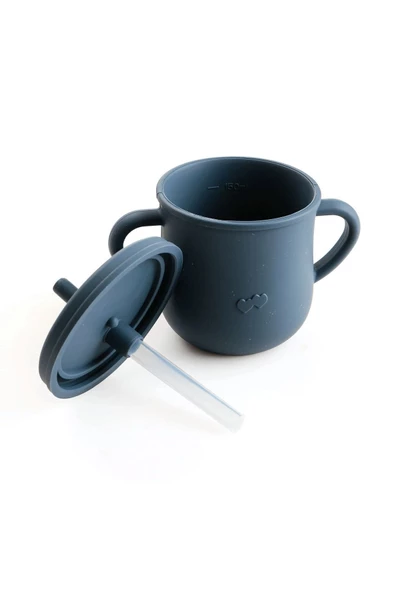 JOJOBEBEK Silikon Pipetli Bardak, ( Alıştırma Bardağı ) Çerez Kapağı / Lacivert - 2