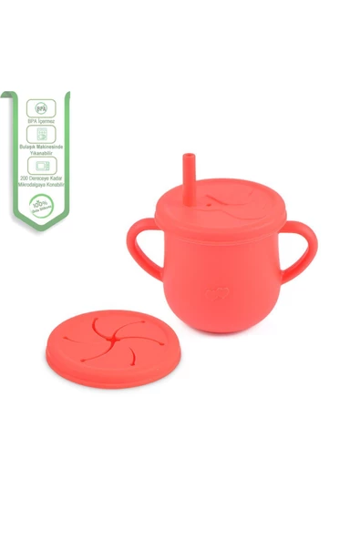 JOJOBEBEK Silikon Pipetli Bardak, ( Alıştırma Bardağı ) Çerez Kapağı / Kırmızı - 2