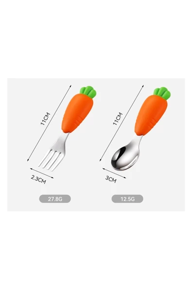 JOJOBEBEK Çocuk Silikon Saplı Paslanmaz Çelik Uçlu Çatal Ve Kaşığı (HAVUÇ FİGÜRLÜ) - 5