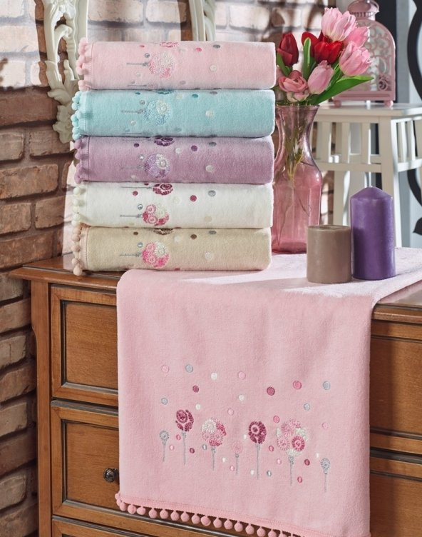 BEGENALHOME Kadife Flora Ponponlu 6lı El ve Yüz Havlu Seti 50 x 90 cm Pamuklu