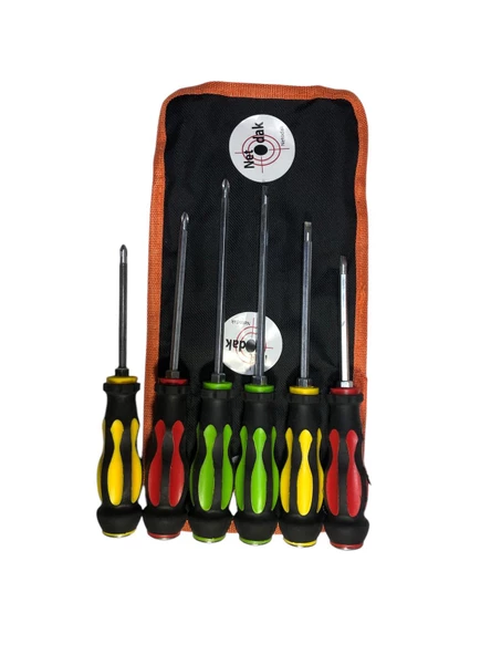 6 Parça Çift Taraflı Tornavida Seti Çantalı Darbeli Kauçuk Kaplamalı Yıldız ve Düz Tornavida Seti - 8