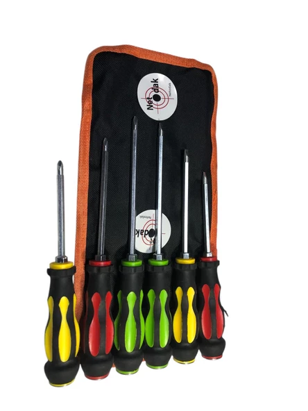 6 Parça Çift Taraflı Tornavida Seti Çantalı Darbeli Kauçuk Kaplamalı Yıldız ve Düz Tornavida Seti