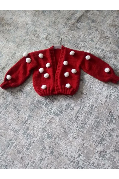 Poche Butik El Örgüsü Kırmızı Kar Taneli Çocuk Hırka
