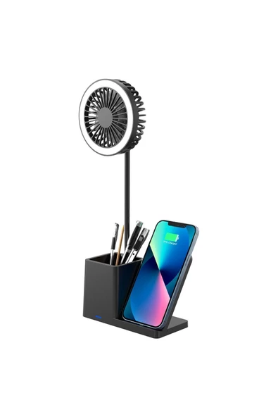 S-LINK SL-M9055 Siyah TypeC 10W Kablosuz Şarj Cihazı Fanlı Kalemlikli Masa Lambası - 2