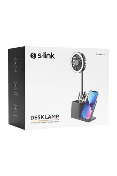 S-LINK SL-M9055 Siyah TypeC 10W Kablosuz Şarj Cihazı Fanlı Kalemlikli Masa Lambası