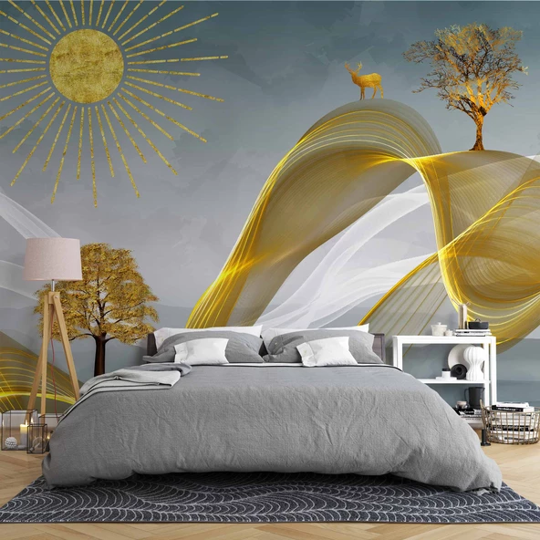3 Boyutlu Altın Manzaralı Duvar Kağıdı - Resim 2