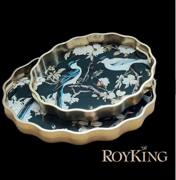 Royking Kuşlu 2 li Oval Tepsi 44x36-38x31 cm FX 054